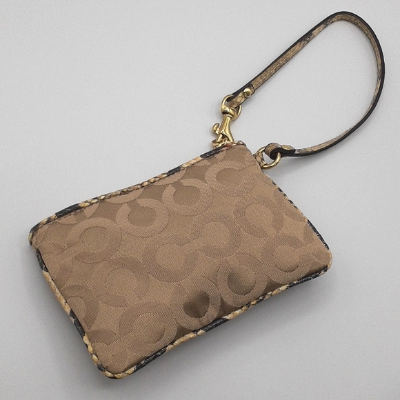 SALE! Coach Tan Signature Canvas Wristlet Embossed Snakeskin - Picture 3 of 5